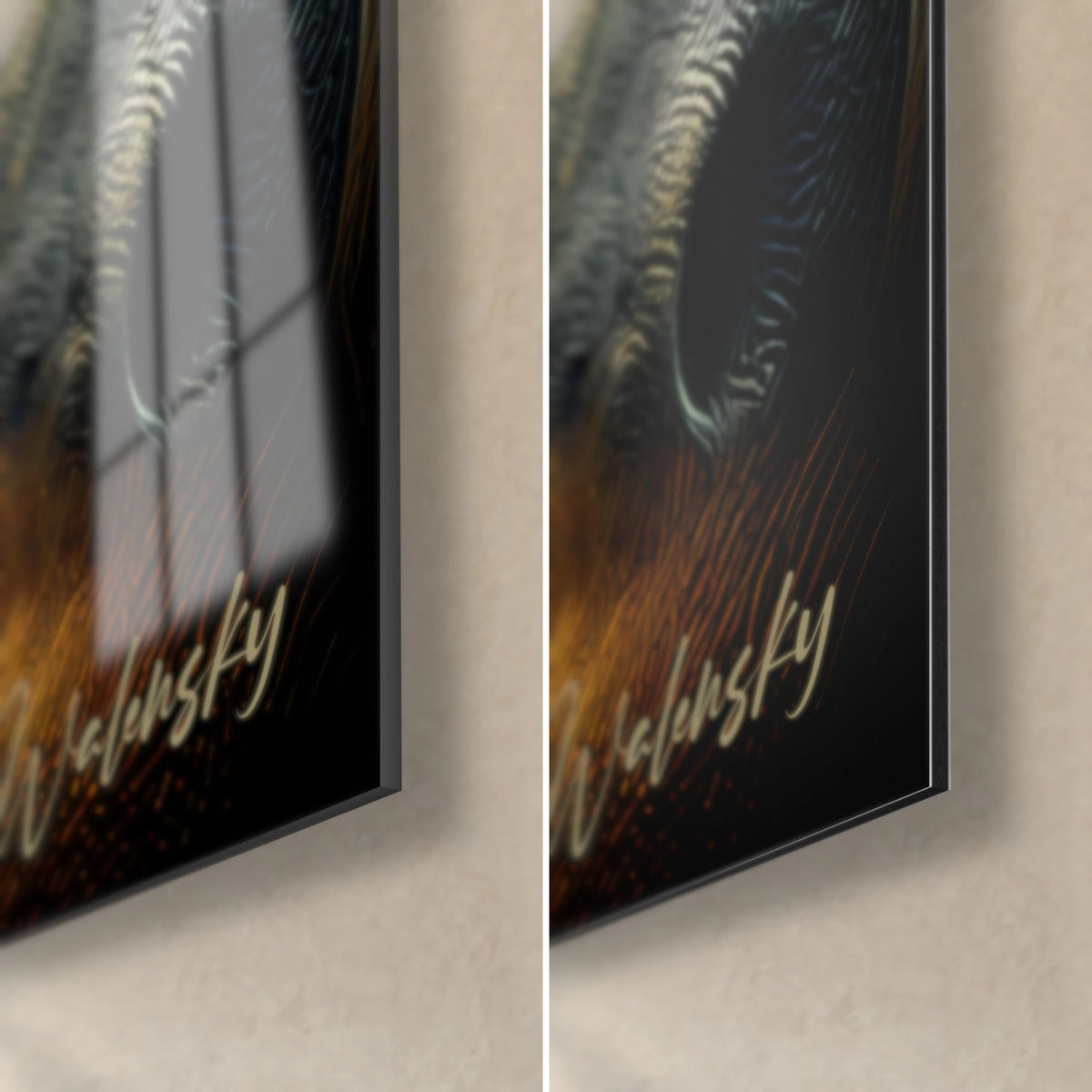 Cuadro de una criatura prehistórica, esquina inferior derecha: firma dorada sobre fondo negro, cristal brillante con reflejos, Dibond mate, canto de 3 mm
