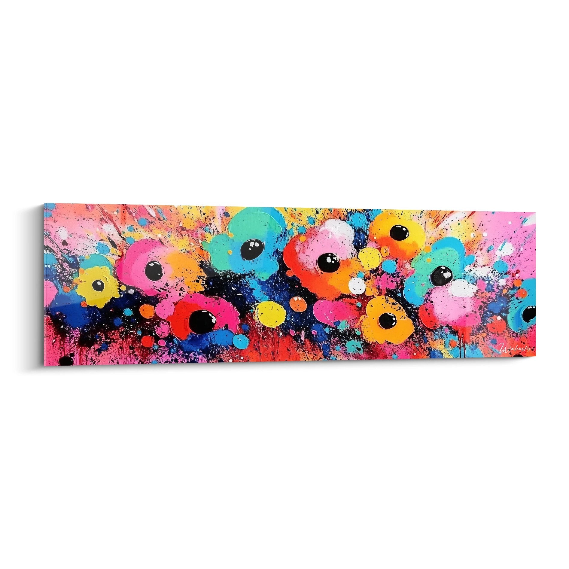 Tableau mural créatures colorées aux yeux expressifs avec éclaboussures de peinture multicolores art abstrait moderne