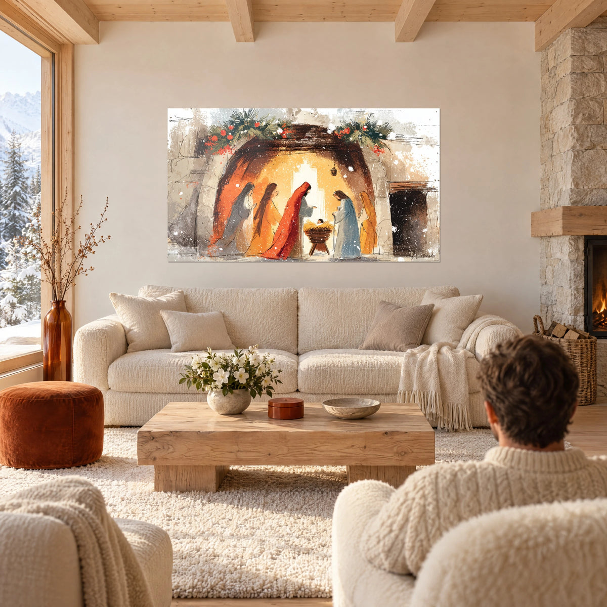 Cuadro belén navideño bajo una bóveda ocre, manto rojo intenso y guirnaldas de acebo, encima de un sofá en un salón luminoso