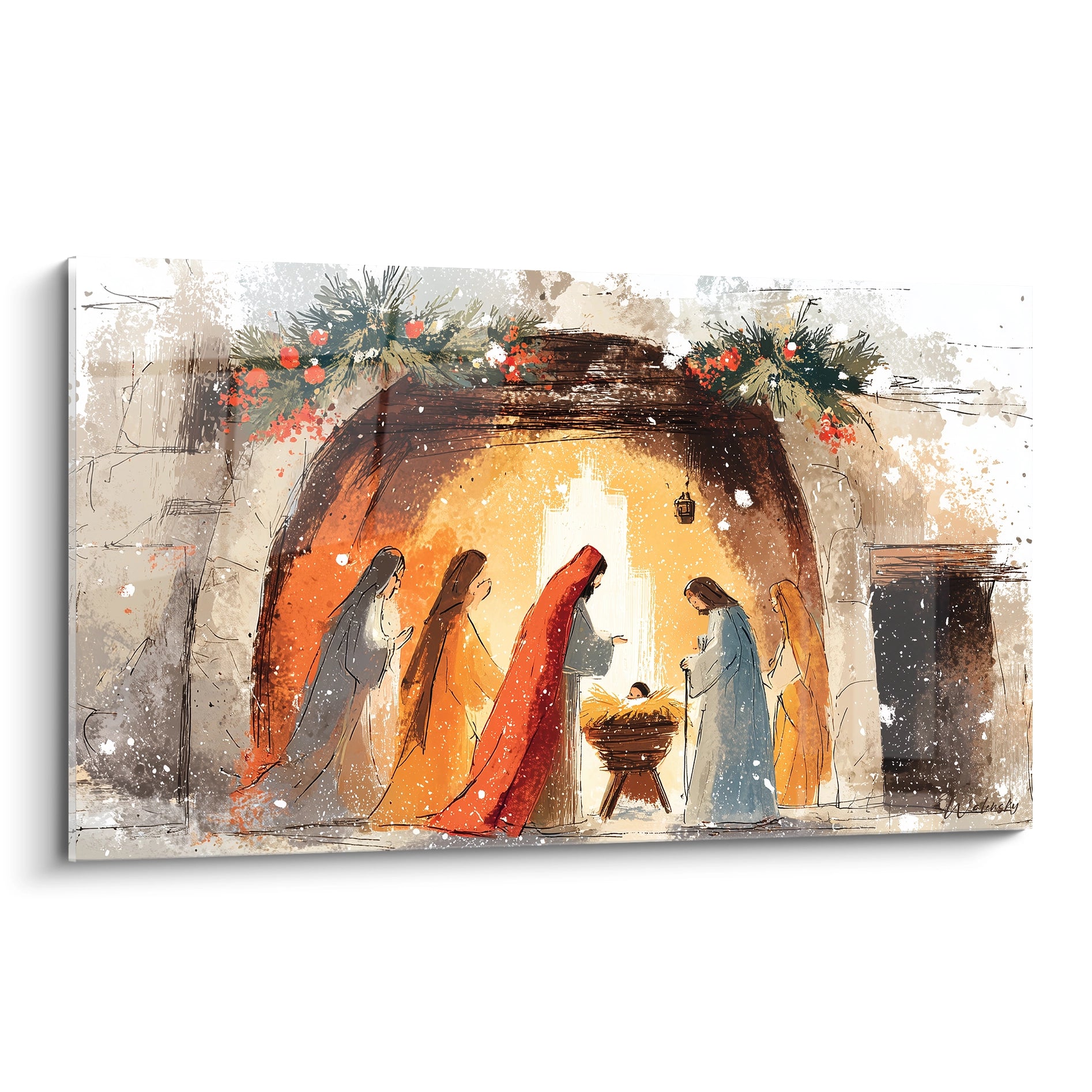 Tableau crèche de Noël représentant la scène de la Nativité avec Marie, Joseph et les Rois mages