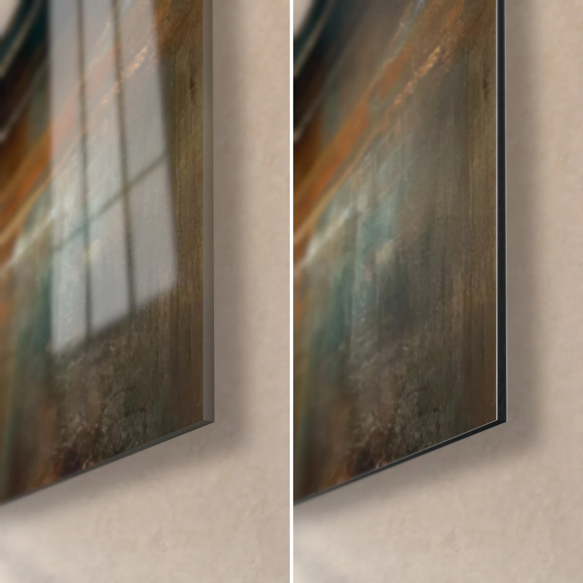 Quadro tempesta dorata astratta, angolo in basso a destra: vetro acrilico lucido a sinistra, alluminio Dibond opaco a destra, spessore 3 mm
