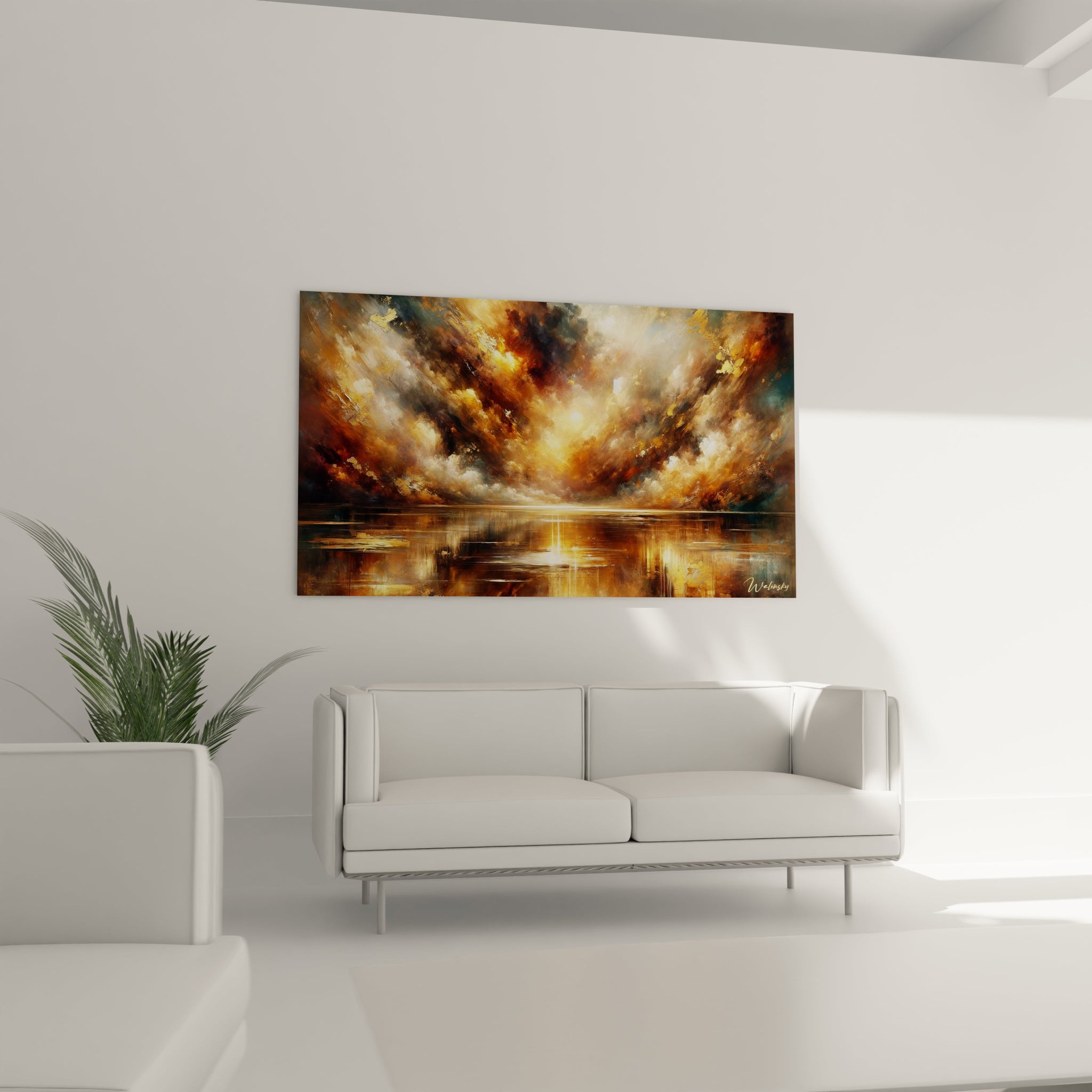 Un tableau abstrait de tempête céleste avec reflets aquatiques. Les couleurs principales sont ocre doré, terre de Sienne, gris ardoise et or brillant. La texture montre des nuages dynamiques aux coups de pinceau vigoureux dans la partie supérieure et des traits horizontaux plus fluides dans la surface réfléchissante inférieure.
