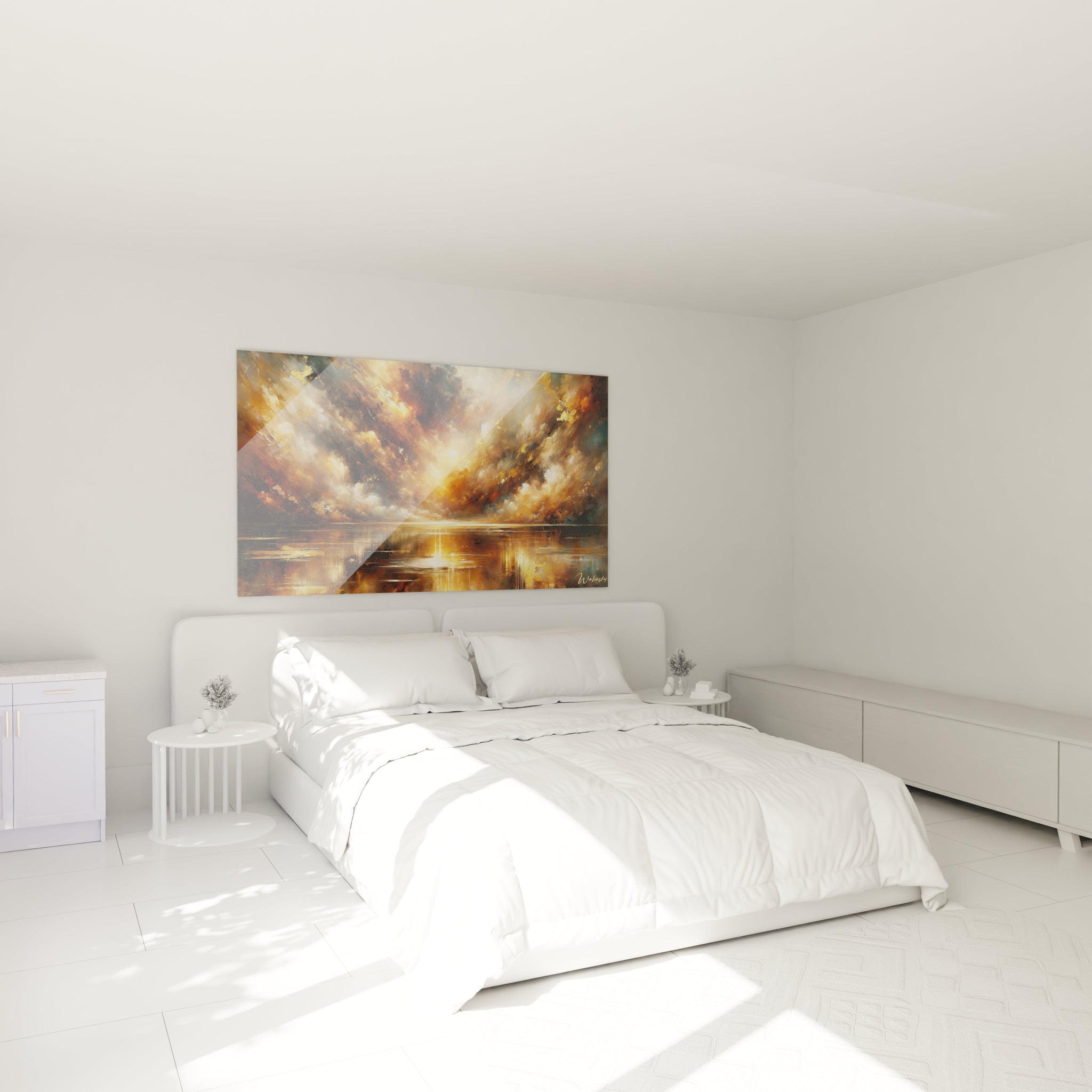 Un tableau abstrait de paysage dramatique avec horizon lumineux. La palette associe brun doré, ocre, noir charbonneux et accents or métallisé. Les textures combinent masses vaporeuses denses dans le ciel tumultueux et zones lisses horizontales dans la partie inférieure réfléchissante, avec un point lumineux central créant une percée.
