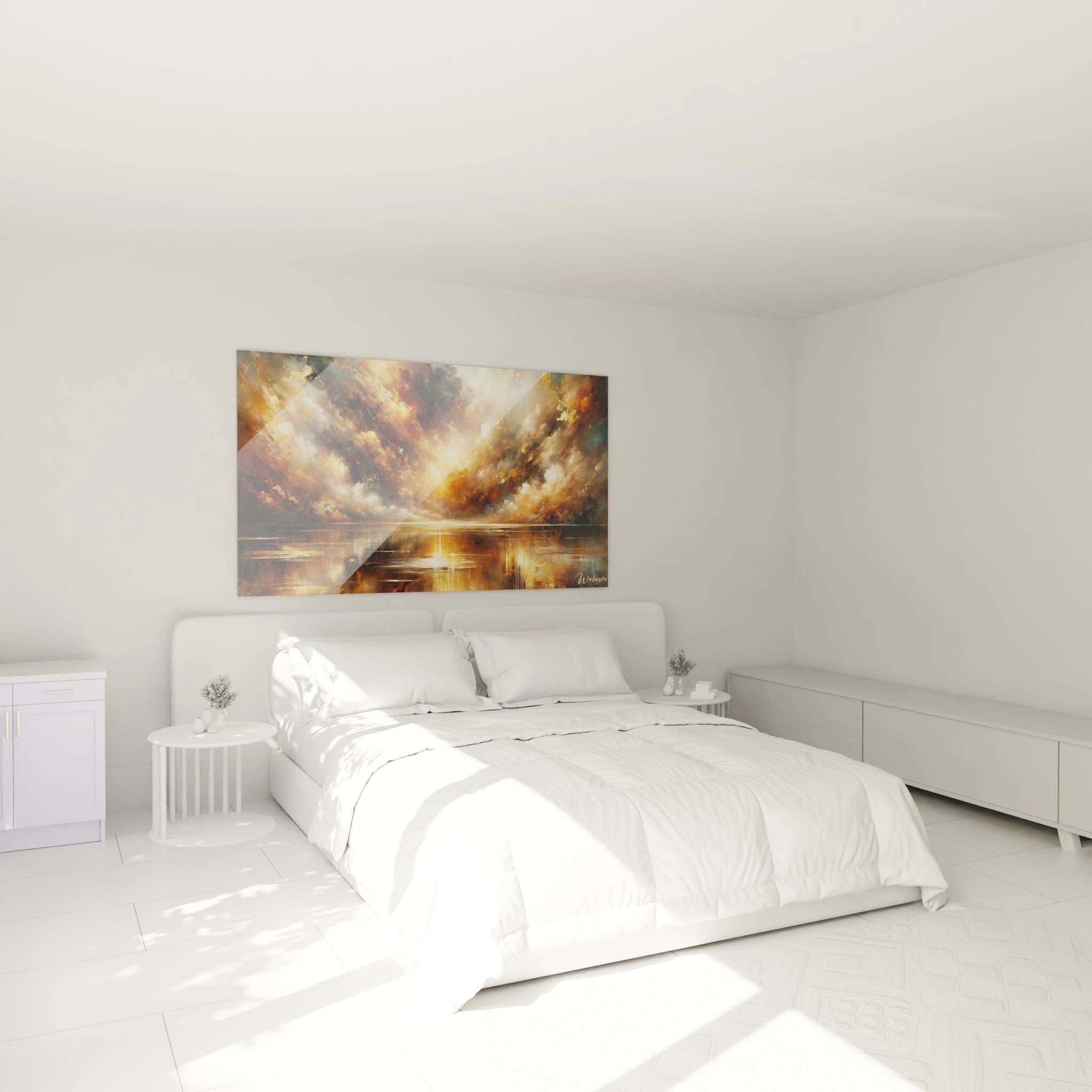 Un tableau abstrait de paysage dramatique avec horizon lumineux. La palette associe brun doré, ocre, noir charbonneux et accents or métallisé. Les textures combinent masses vaporeuses denses dans le ciel tumultueux et zones lisses horizontales dans la partie inférieure réfléchissante, avec un point lumineux central créant une percée.
