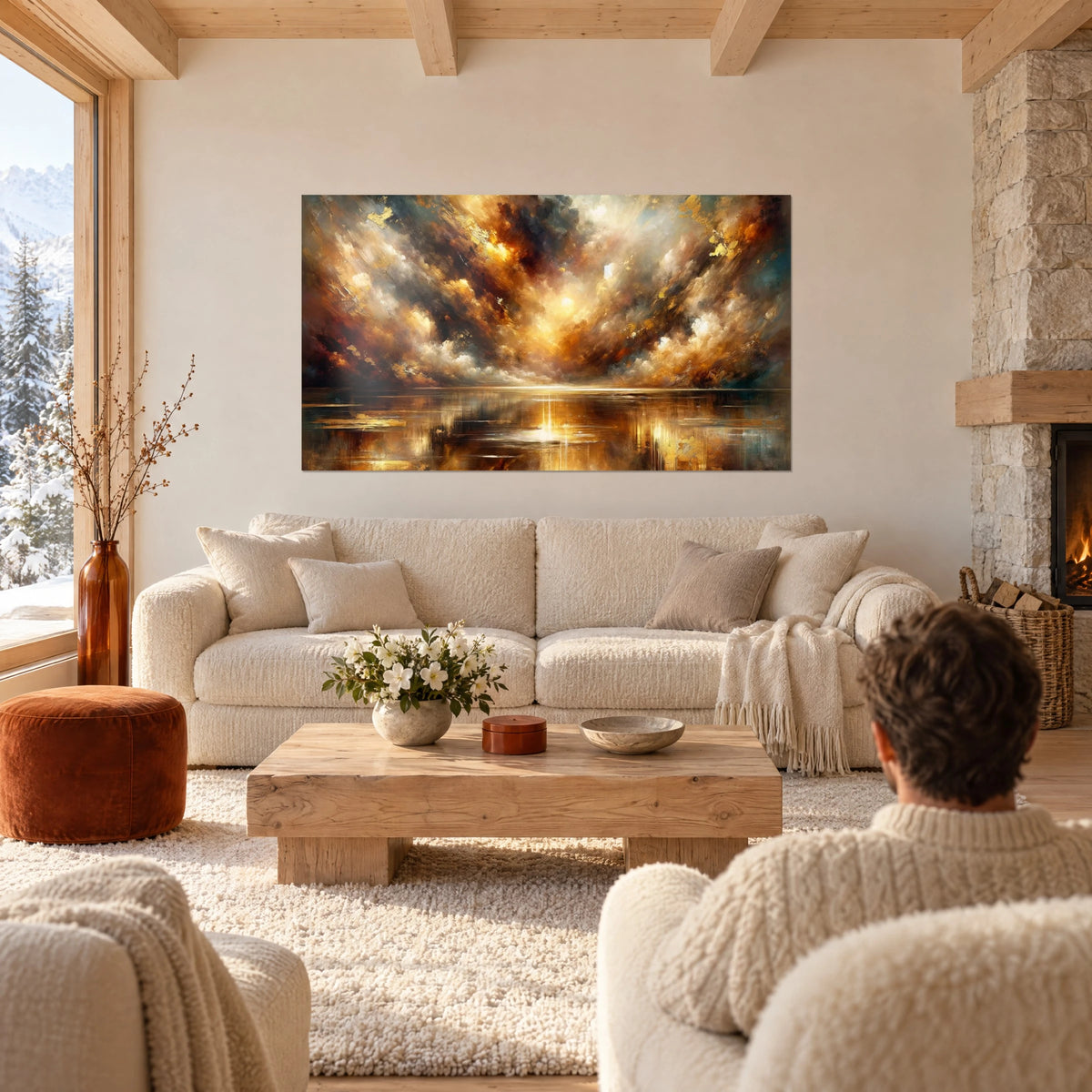 Quadro cielo tempestoso infuocato di ambra e marrone, riflessi dorati sull'acqua, due persone di spalle sopra un divano in un soggiorno luminoso