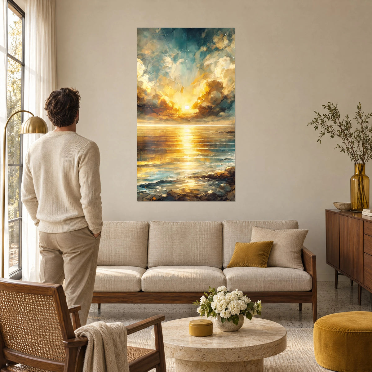 Tableau soleil couchant sur la mer, nuages ocre et turquoise, reflet doré sur l'eau, au-dessus d'un canapé dans un salon lumineux