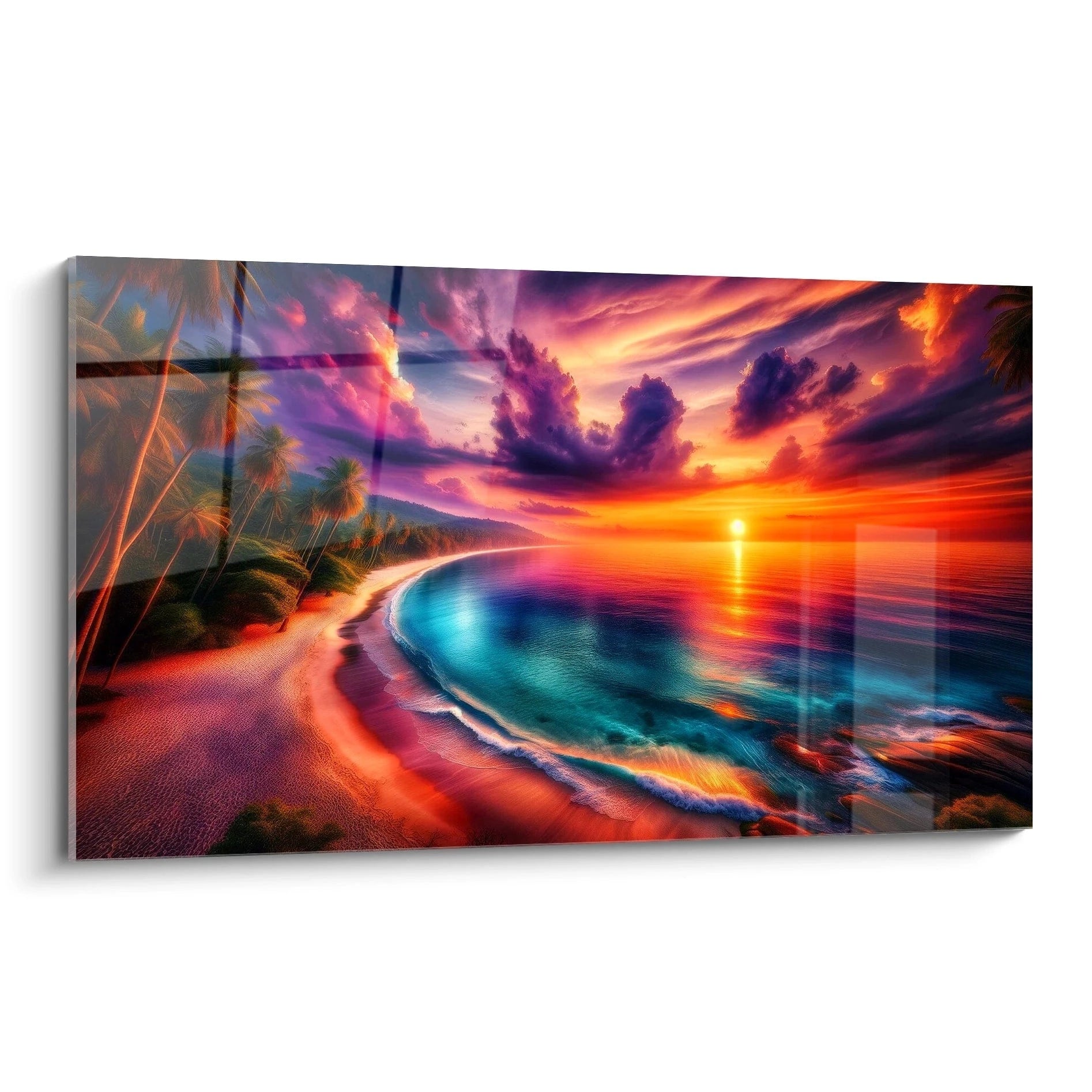 Vue en biais du tableau paysage, le ciel vibrant de couleurs chaudes se fond dans l'eau calme, créant une ambiance tropicale apaisante. L'horizon semble s'étirer à l'infini, un véritable rêve.

