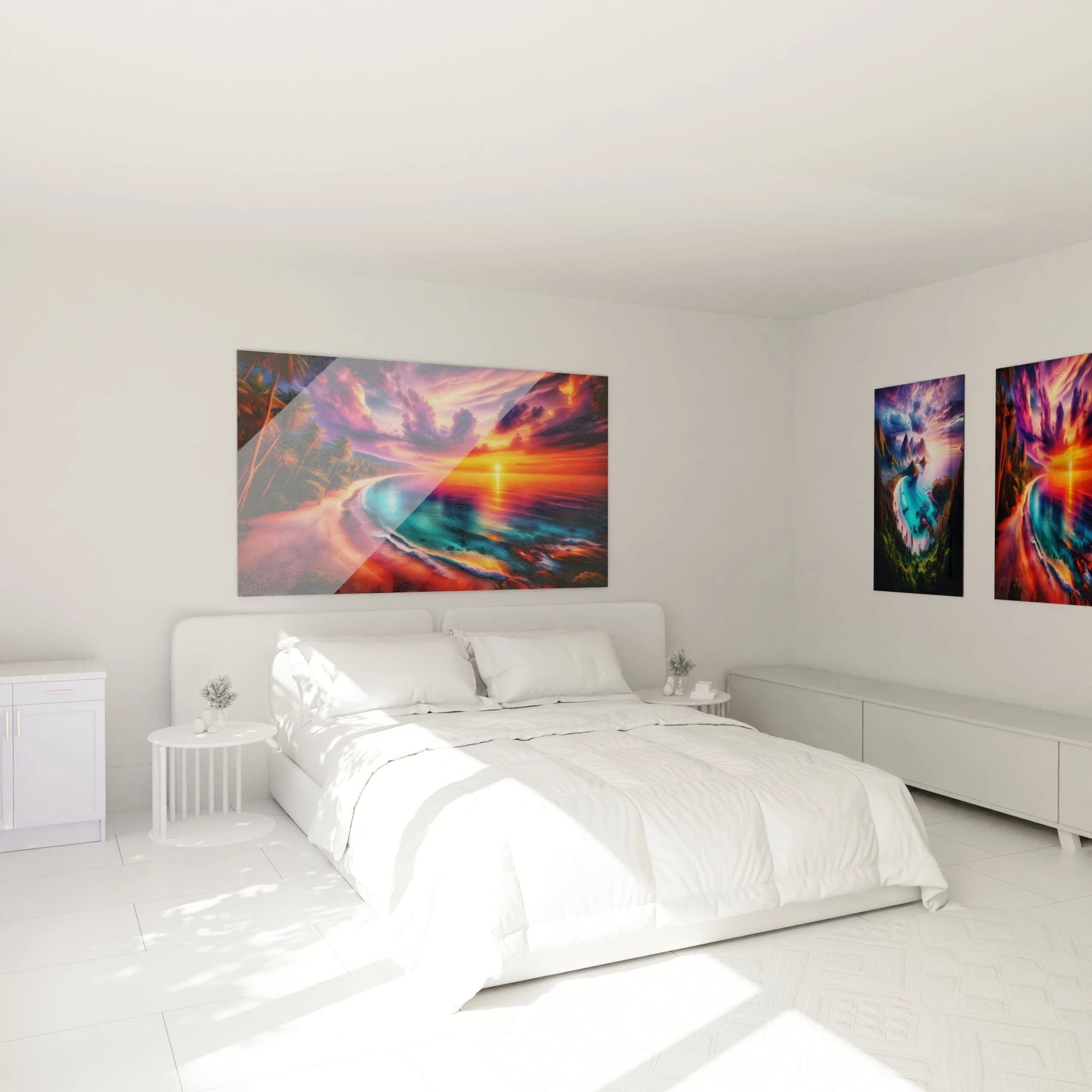 Le tableau paysage sur le mur de la chambre, juste au-dessus du lit, évoque un coucher de soleil spectaculaire, avec des teintes orange et violet qui créent une atmosphère sereine et relaxante.

