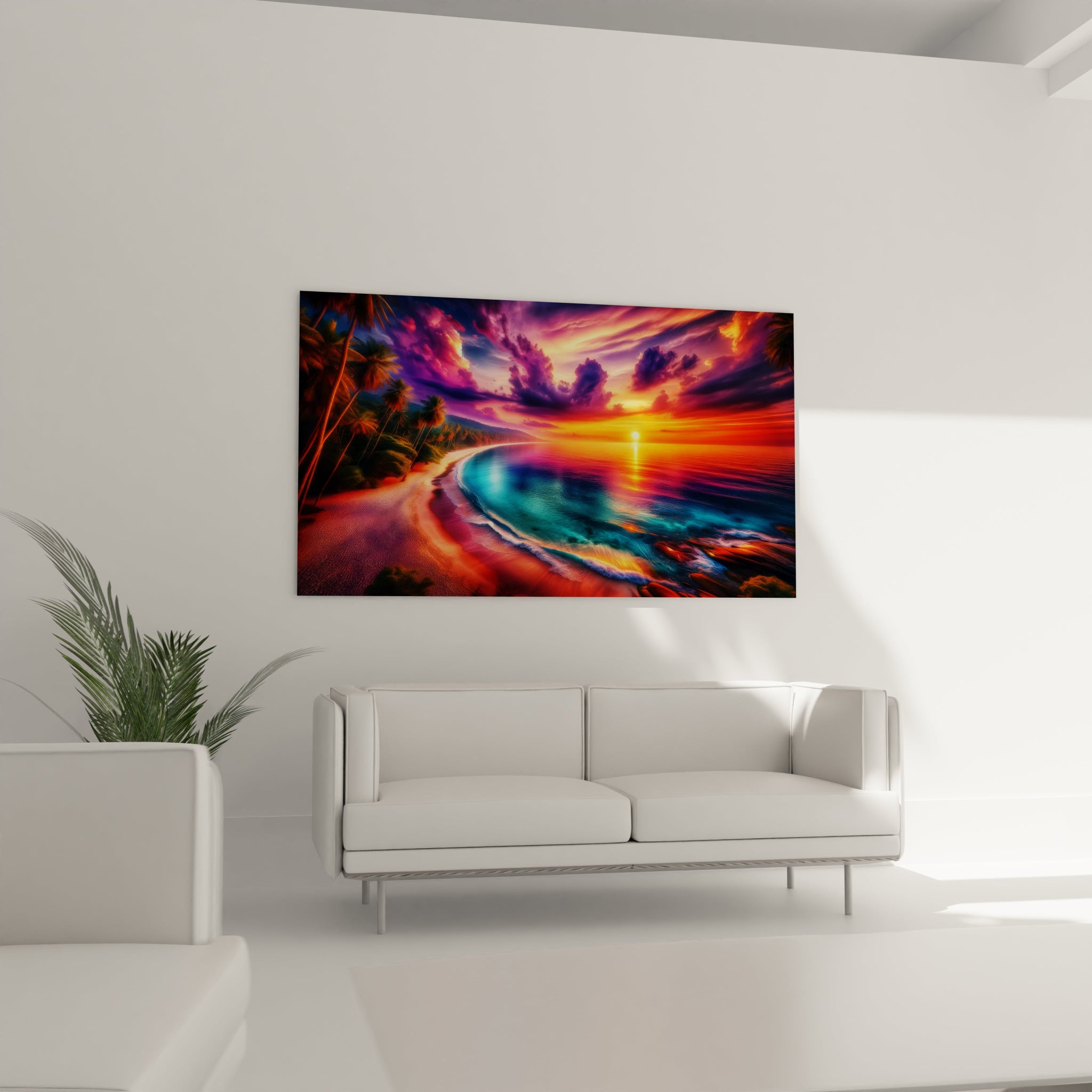Dans le salon, au-dessus du canapé, le tableau paysage capture la magie d’un coucher de soleil sur l’océan, avec un contraste lumineux entre le ciel et l’eau, invitant à la détente et à l'évasion.

