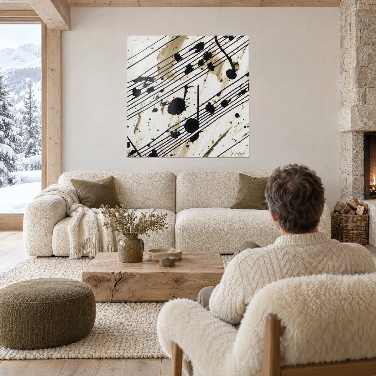 Tableau partition éclaboussée d'encre noire sur fond vanille, au-dessus d'un canapé dans un salon lumineux