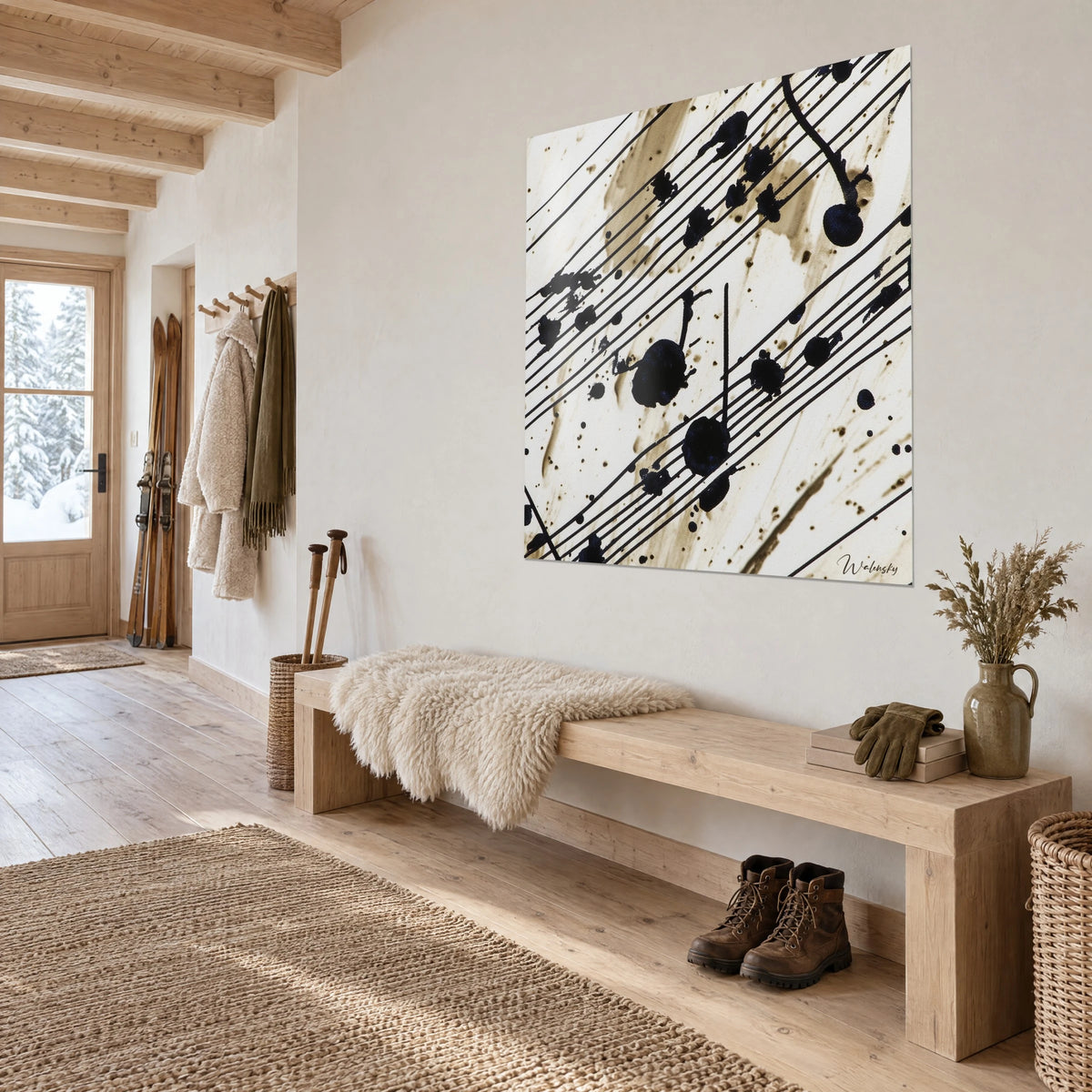 Tableau portées musicales en diagonale, taches d'encre noire et lavis beige, au-dessus d'un banc en bois d'entrée