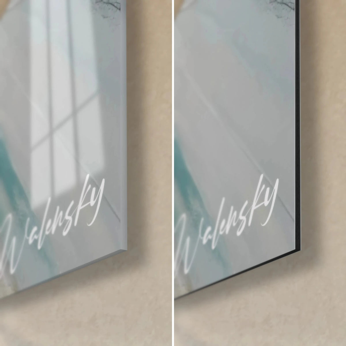 Wall art with a golden wave crest and duck blue streaks, bottom right corner: glossy acrylic glass and matte black 3 mm Dibond aluminum
