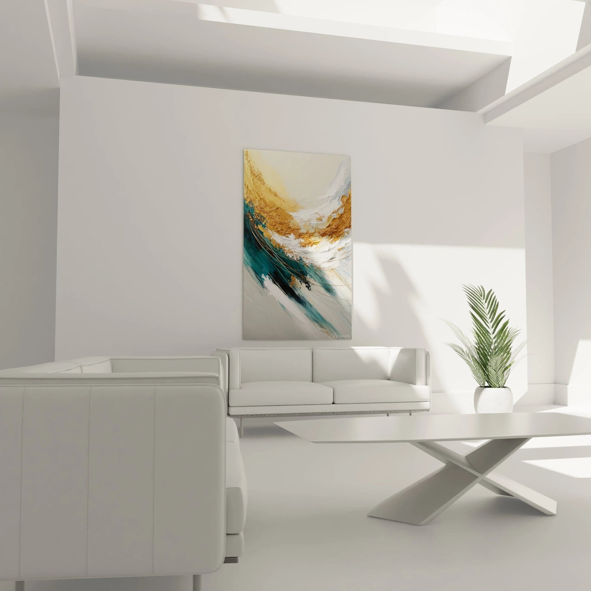 Tableau abstrait présentant une structure semi-circulaire en bleu-vert, blanc et doré. L'œuvre montre une matière picturale très texturée avec des accumulations de peinture, des pigments dorés granuleux et des filaments fins métalliques qui créent une dynamique de mouvement fluide.
