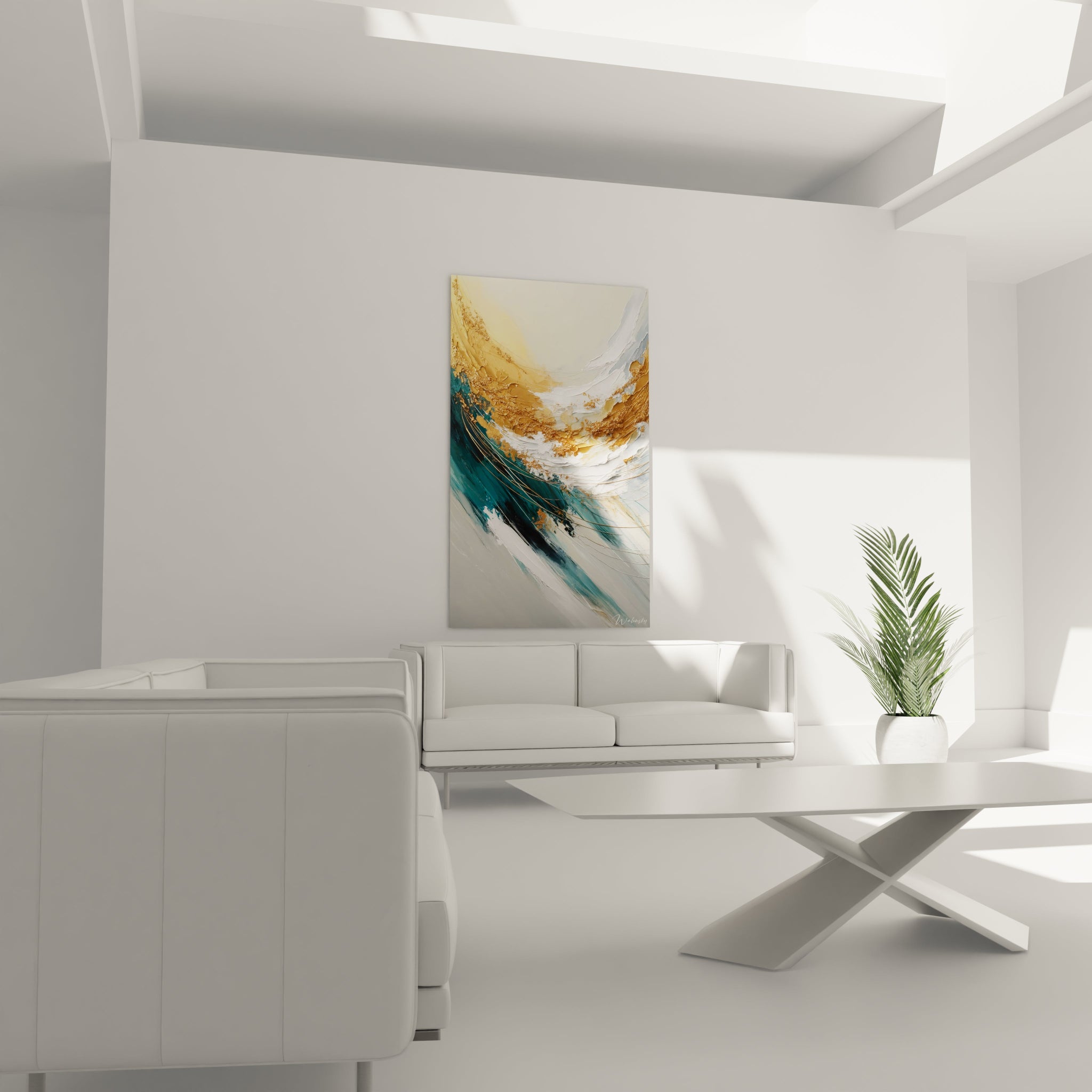 Tableau abstrait présentant une structure semi-circulaire en bleu-vert, blanc et doré. L'œuvre montre une matière picturale très texturée avec des accumulations de peinture, des pigments dorés granuleux et des filaments fins métalliques qui créent une dynamique de mouvement fluide.
