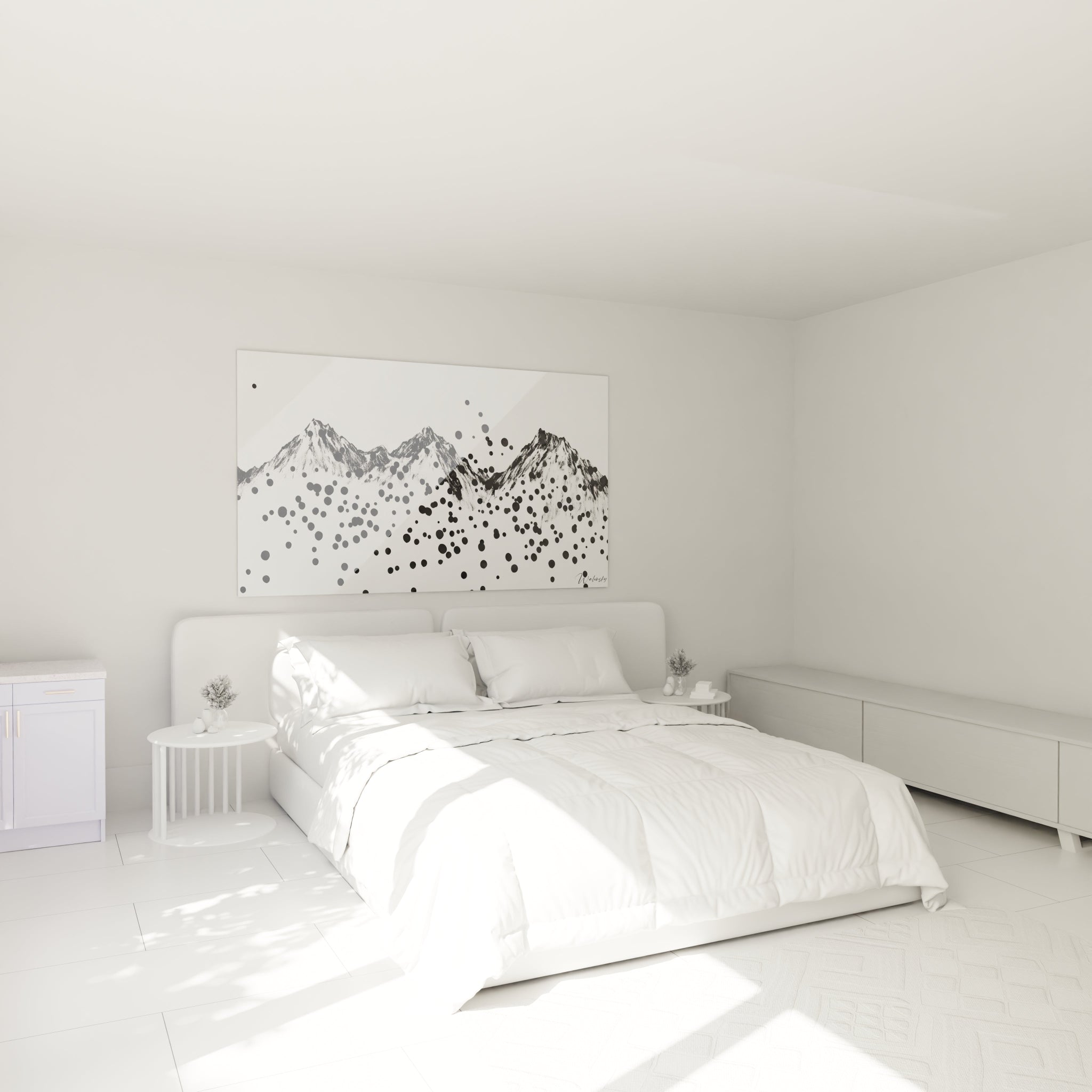 Tableau tacheté noir et blanc de Walensky représentant des montagnes dans une chambre moderne
