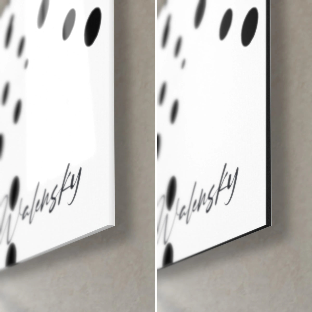 Wall art massive in black and white, bottom right corner: glossy acrylic glass on the left, matte Dibond aluminum on the right, cursive Walensky signature
