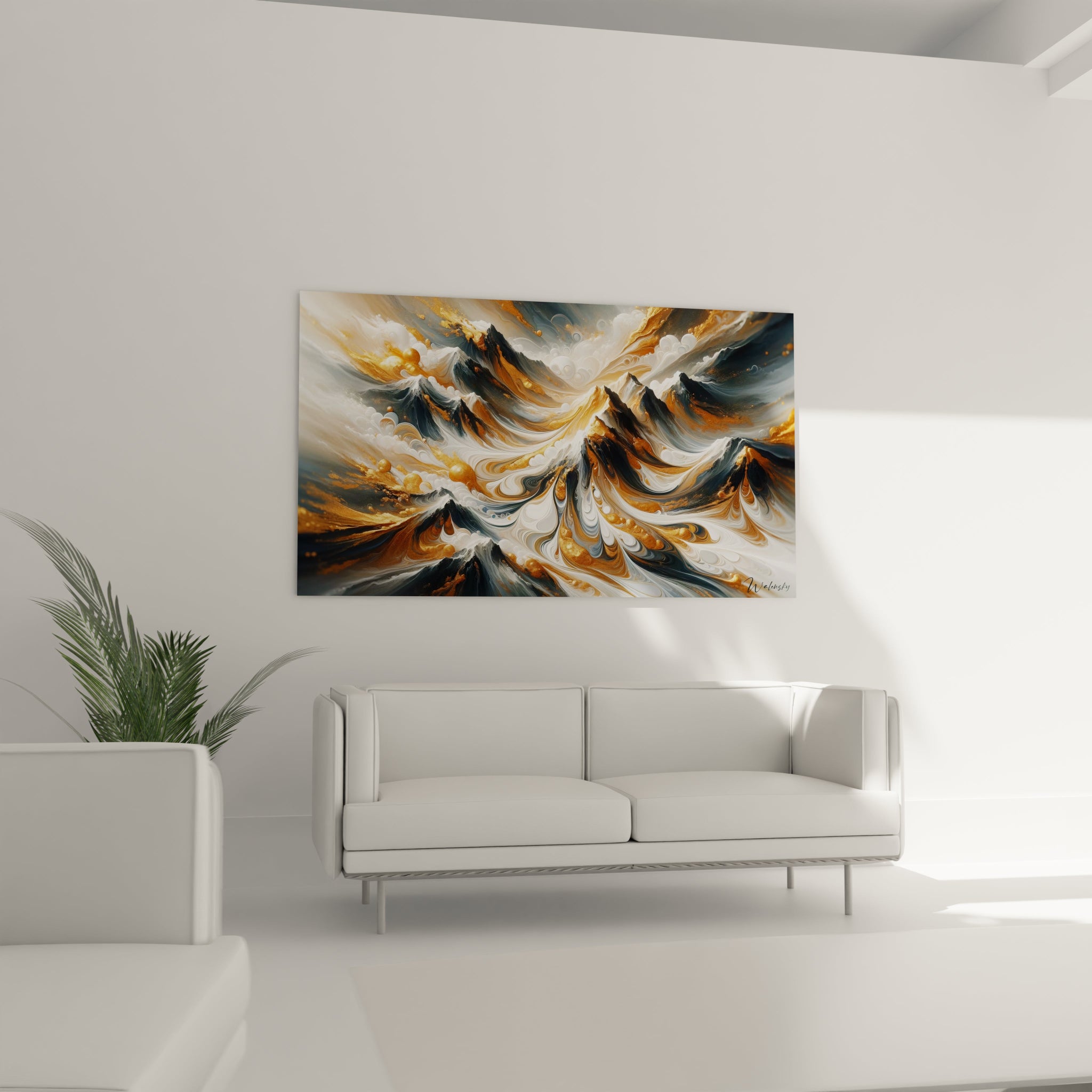 Tableau abstrait montrant une chaîne de montagnes entourée de nuages stylisés. Gamme chromatique restreinte de noir profond, blanc nacré et or éclatant. Technique mixte associant formes géométriques anguleuses et motifs tourbillonnants. Composition centrée sur l'interaction entre reliefs escarpés et courants vaporeux parsemés d'éclats dorés.
