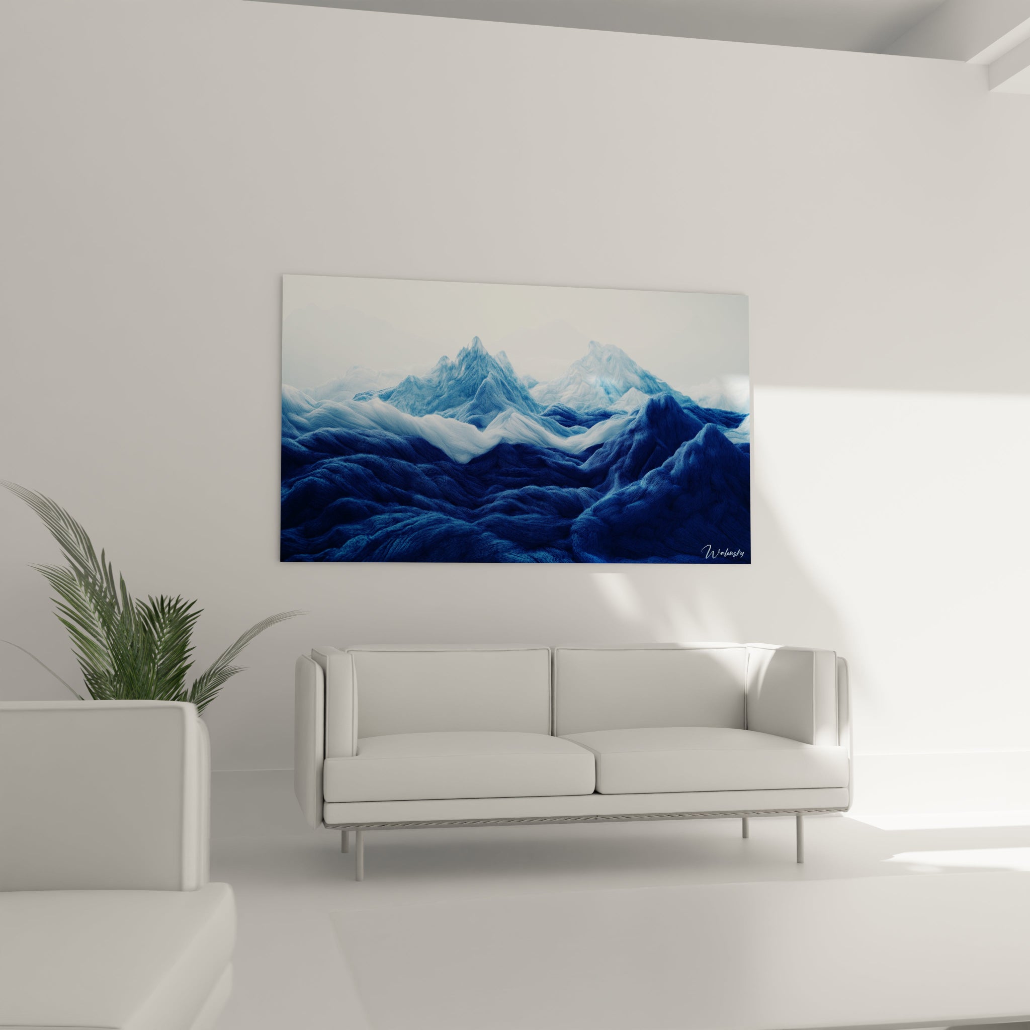 Un tableau paysage alpin aux motifs organiques bleutés présentant un relief montagneux ondulant qui semble en mouvement perpétuel, avec des textures fibreuses détaillées créant un jeu de lumière naturel sur les crêtes et les vallées des sommets bleu azur.
