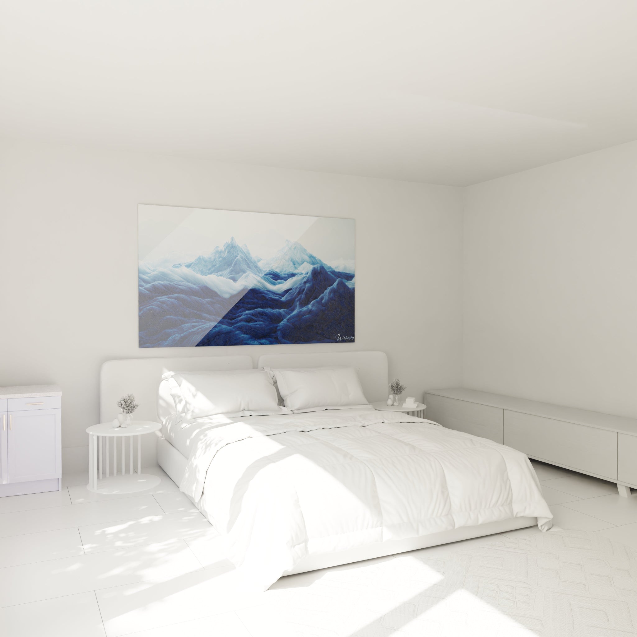 Un tableau montagnes hivernales entièrement composé de textures striées bleues évoquant des crêtes alpines et des vagues océaniques simultanément, où les sommets blancs-bleutés émergent des profondeurs bleu marine, formant un paysage à la fois apaisant et majestueux.
