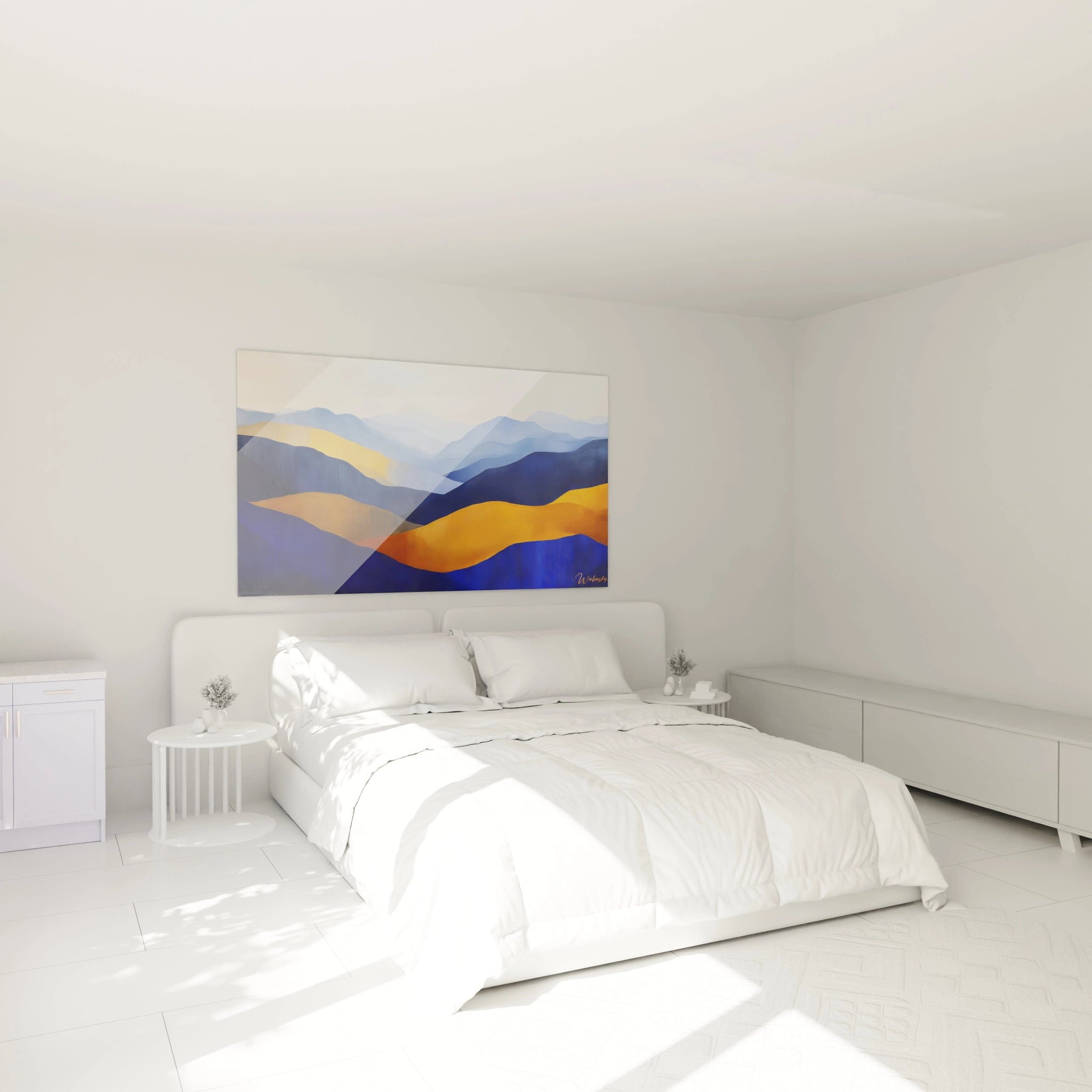 Tableau moderne abstrait de Walensky avec des vagues bleues et jaunes, idéal pour un décor contemporain