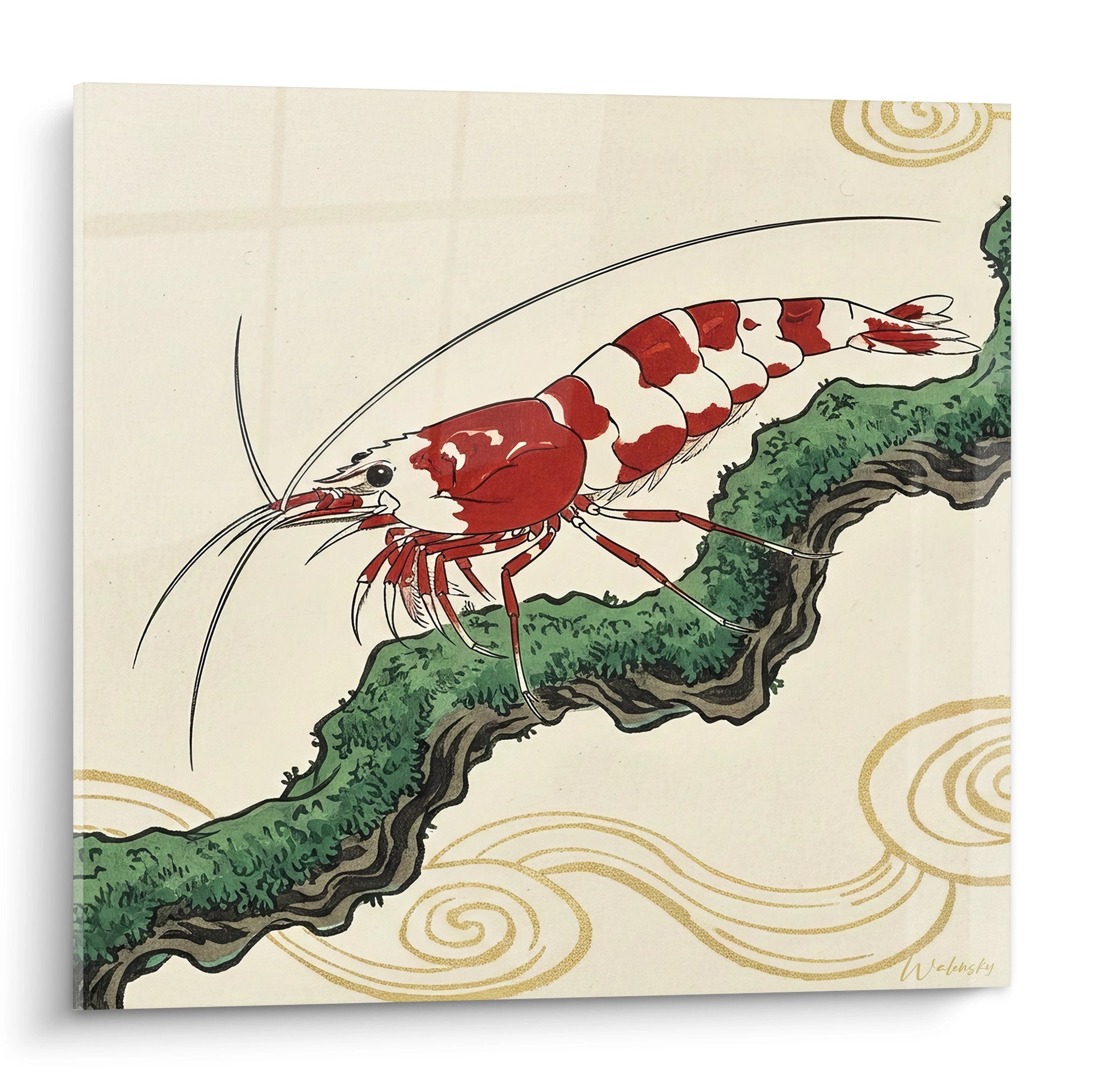 Rotes und weißes Garnelen-Kunstdruck auf grünen Algen im japanischen Stil mit goldenen Mustern Garnelen-Edition