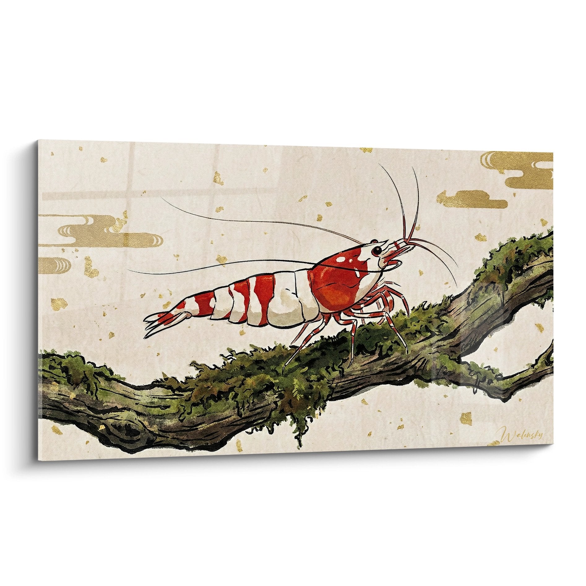 Rotes und weißes Garnelen-Kunstwerk auf moosigem Ast im japanischen Stil, beiger goldener Hintergrund Shrimp Edition