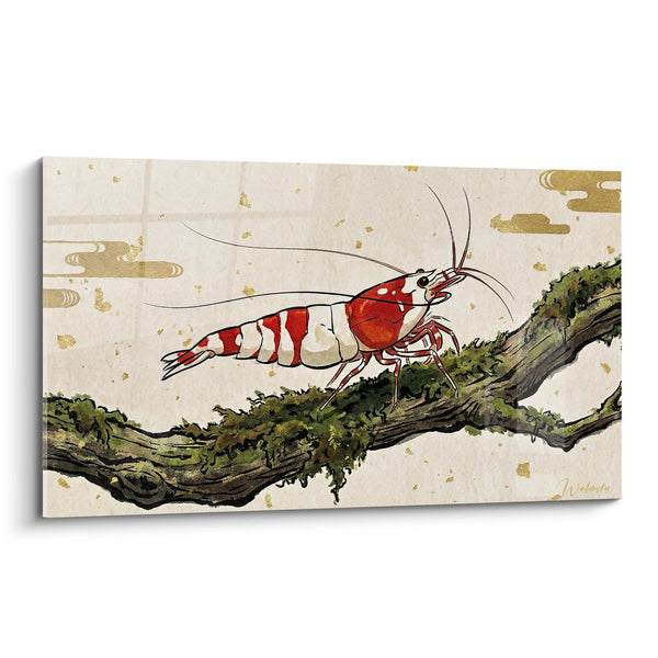 Quadro Gamberetto Rosso e Bianco su Ramo Muschiato - Arte Acquatica Giapponese - Edizione Gamberetto