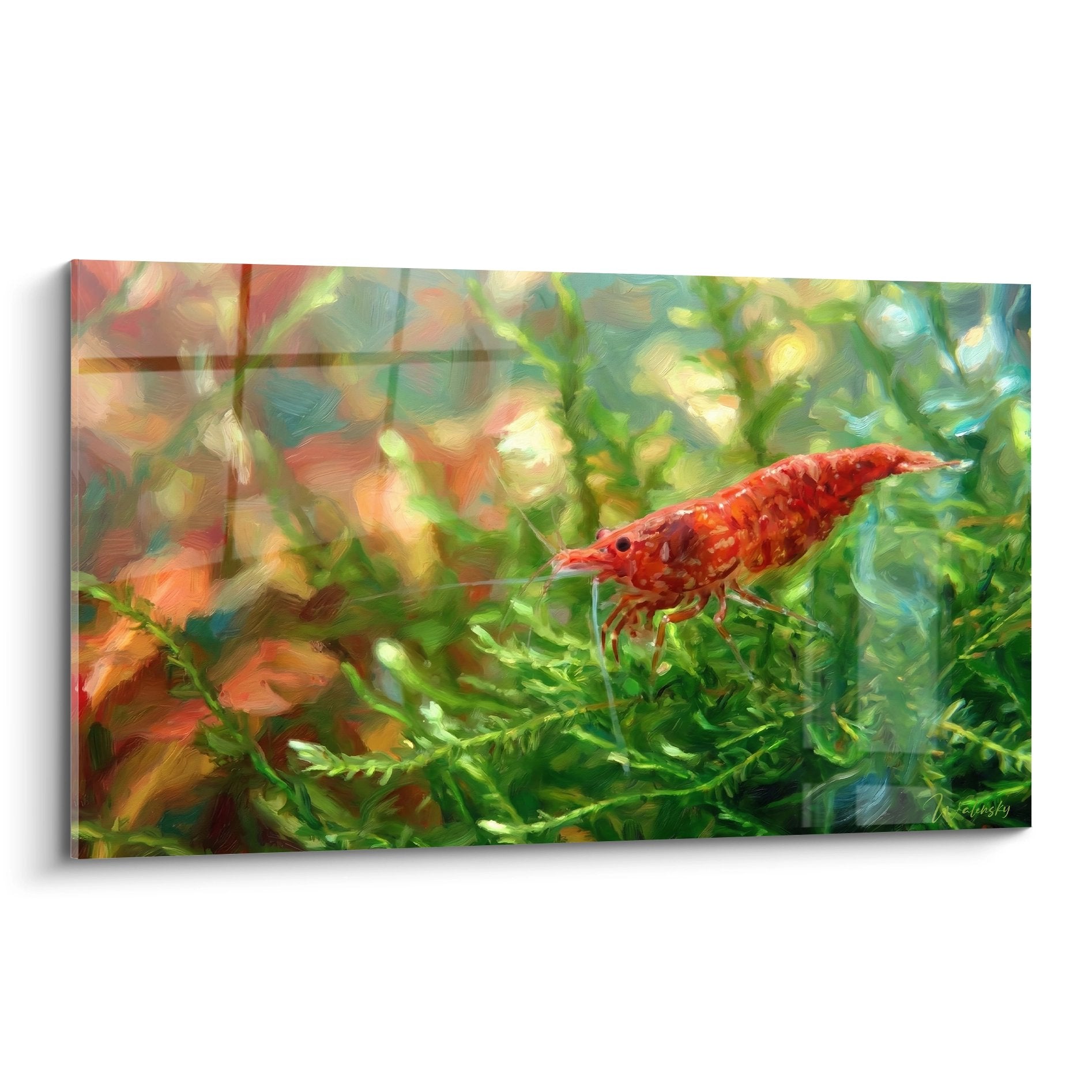 Rote Korallengarnele schwimmt in grüner Wasserpflanzation, realistische Unterwasserweltmalerei