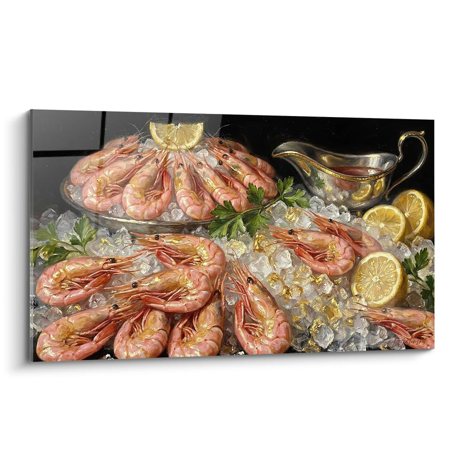 Tableau Plateau de Crevettes Roses sur Glace avec Citron et Sauce - Fraîcheur Marine - Edition Crevette