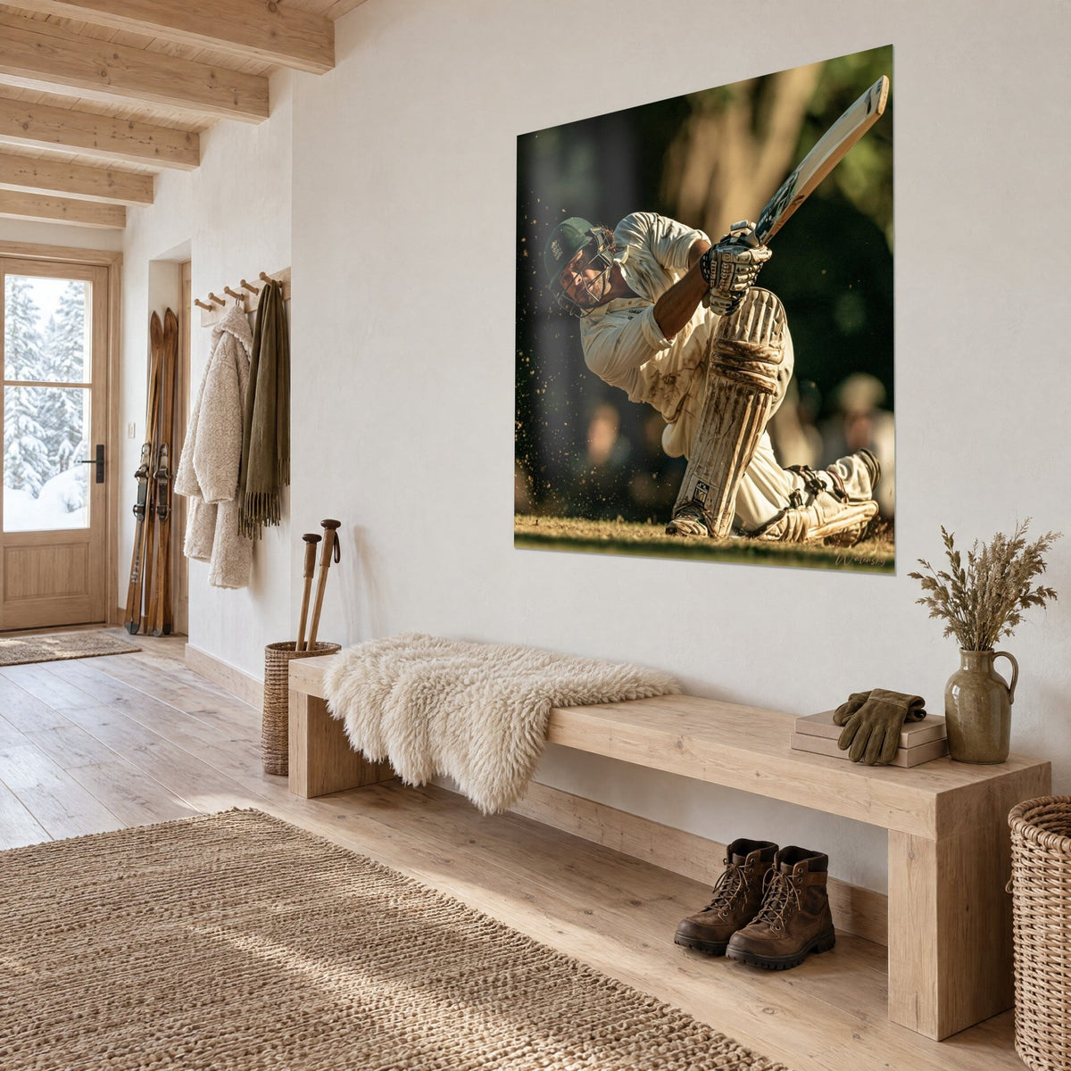 Cuadro bateador en plena rotación, espinillera beige salpicada de tierra ocre, casco esmeralda, bate claro, entrada de un chalet de madera