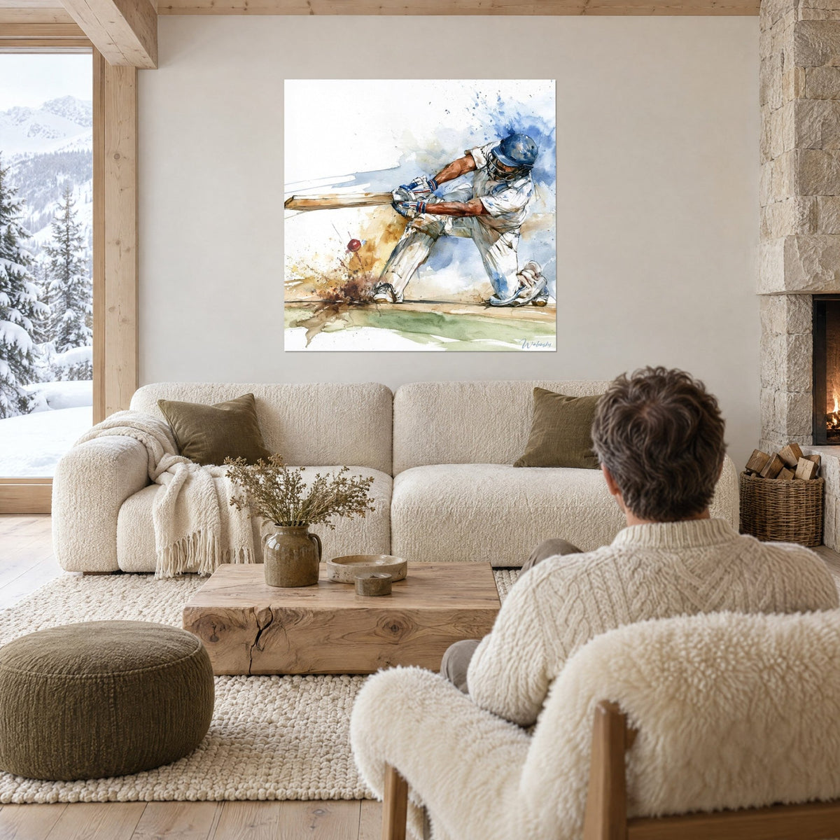 Gemälde Cricket-Schlagmann mit Helm im vollen Schwung, blaue und ockerfarbene Spritzer, über einem Sofa in einem hellen Wohnzimmer