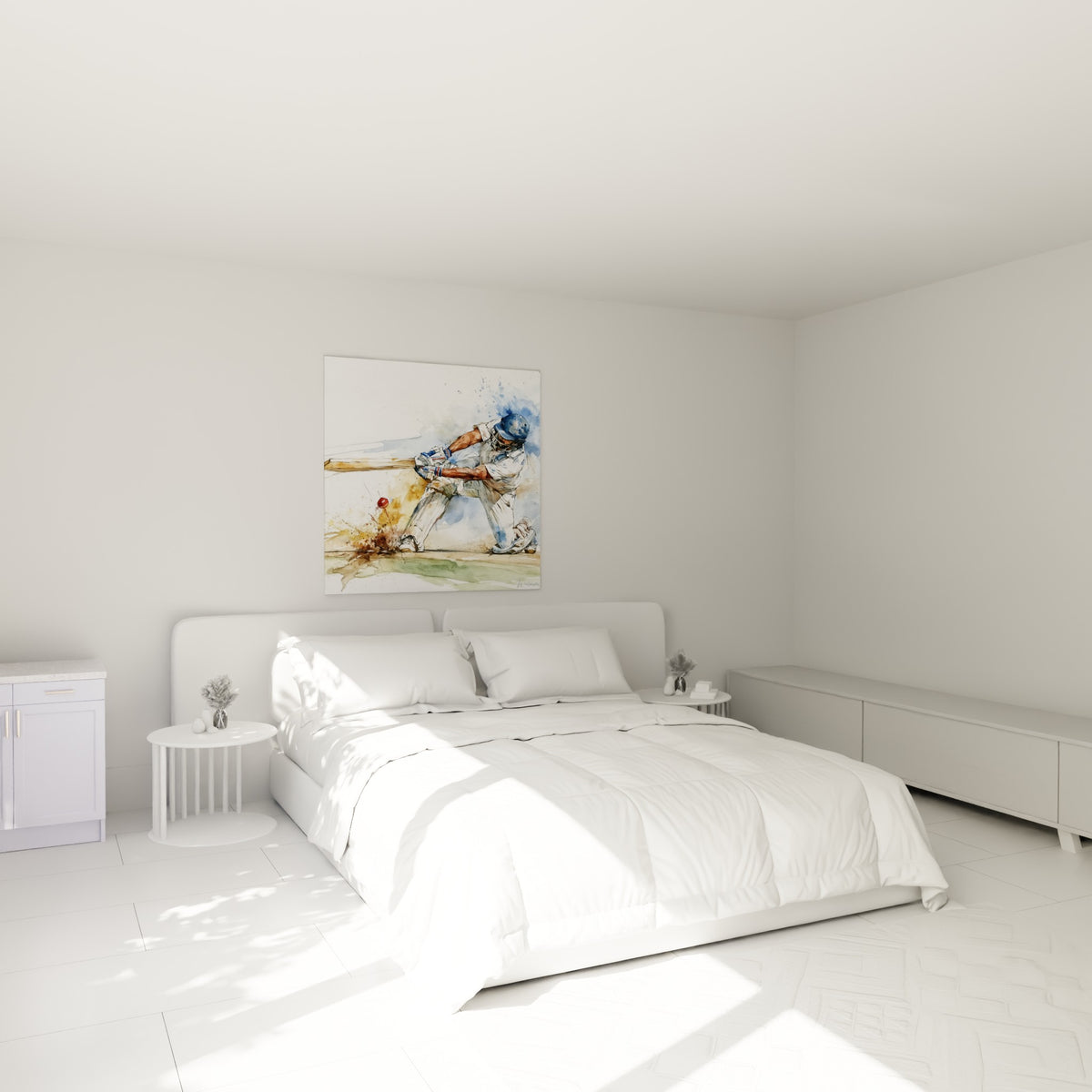 Joueur de cricket en tenue blanche et casque bleu marine, au-dessus d'un lit dans une chambre claire.