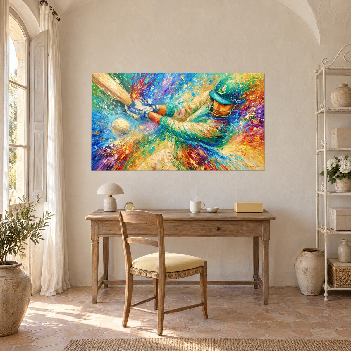 Schilderij slag met dikke verf, crèmekleurige bal, groene en oranje spetters, boven een bureau van licht hout