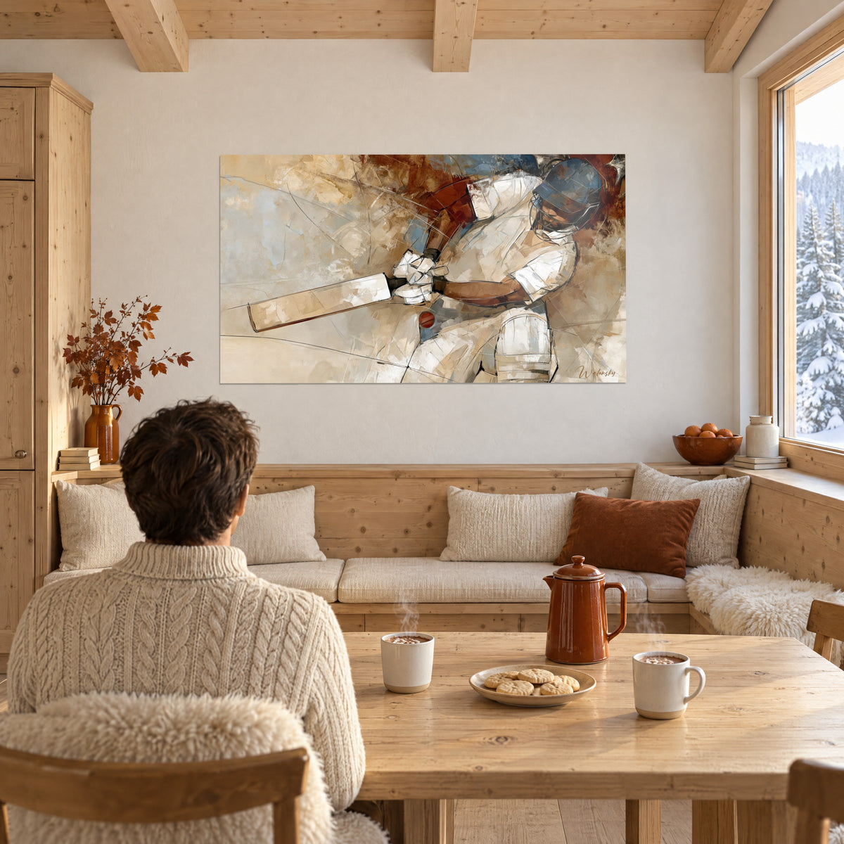 Wall art of a batsman silhouette and a red ball on a sand background, facing a wooden table and two steaming mugs in a chalet