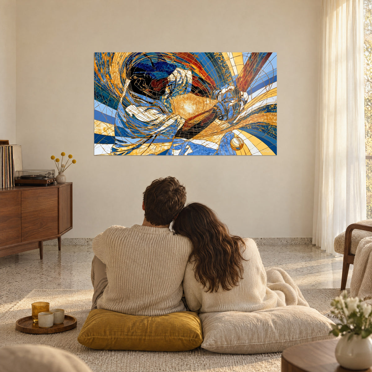 Wall art of a sportsman with raised bat in cracked mosaic, deep blue and amber yellow, facing a couple seated on the floor, back view