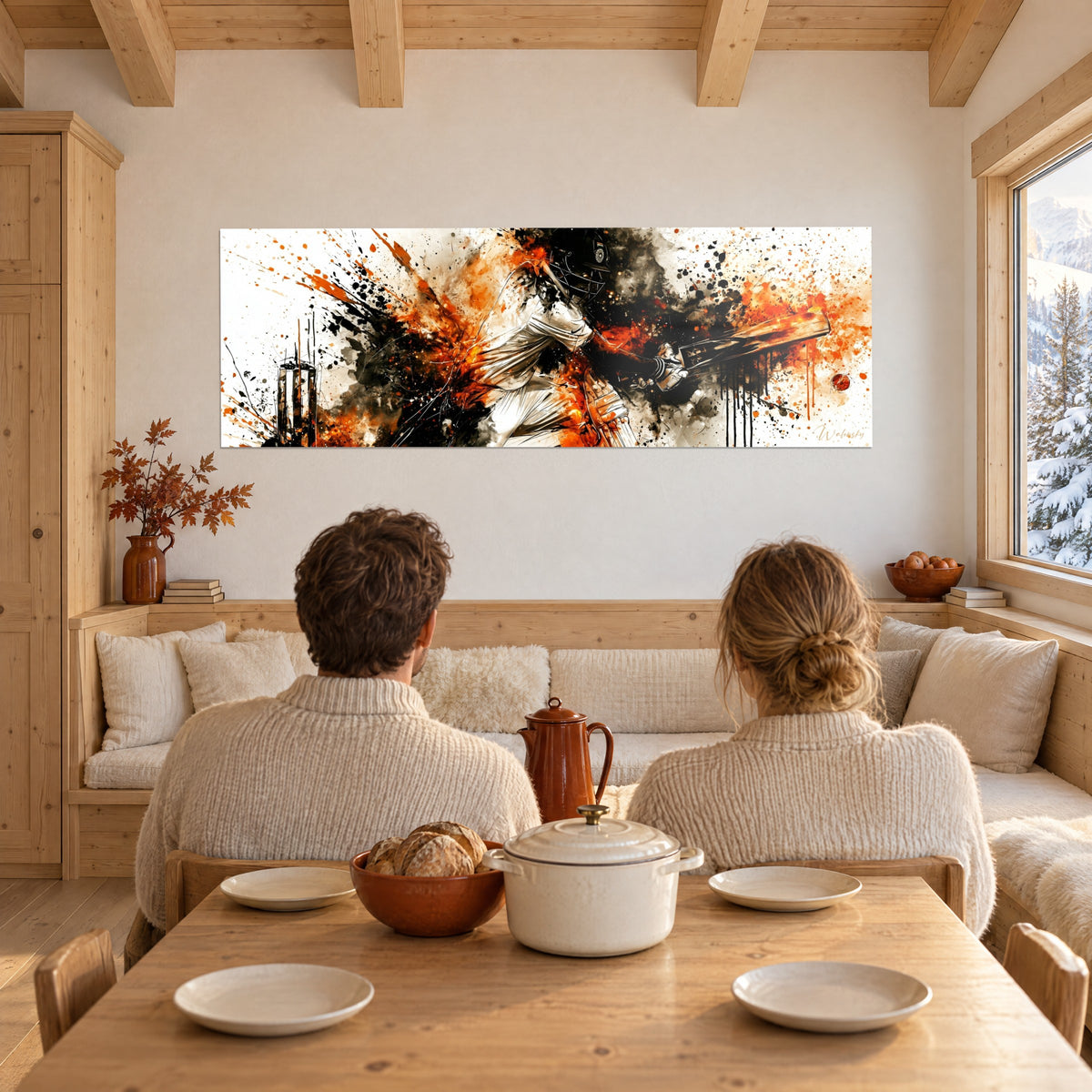Wall art helmeted batter, orange and black swirls, red ball on the right, on the wall of a chalet living room