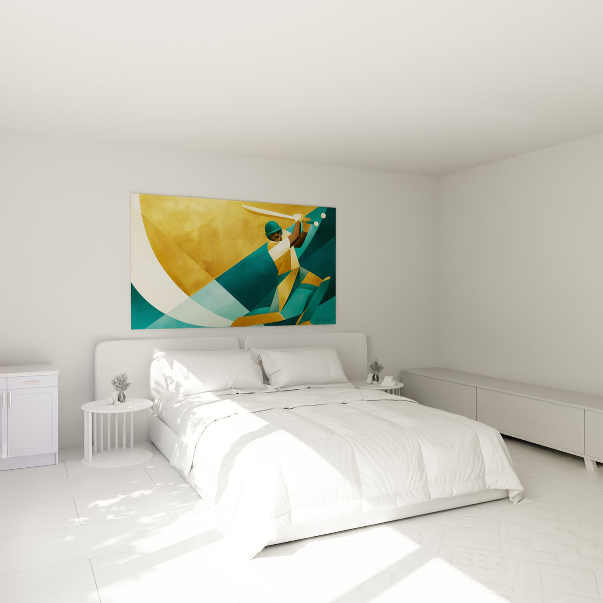 Silhouette dorée et bleu sarcelle du batteur cricket, accrochée au-dessus d'un lit dans une chambre claire