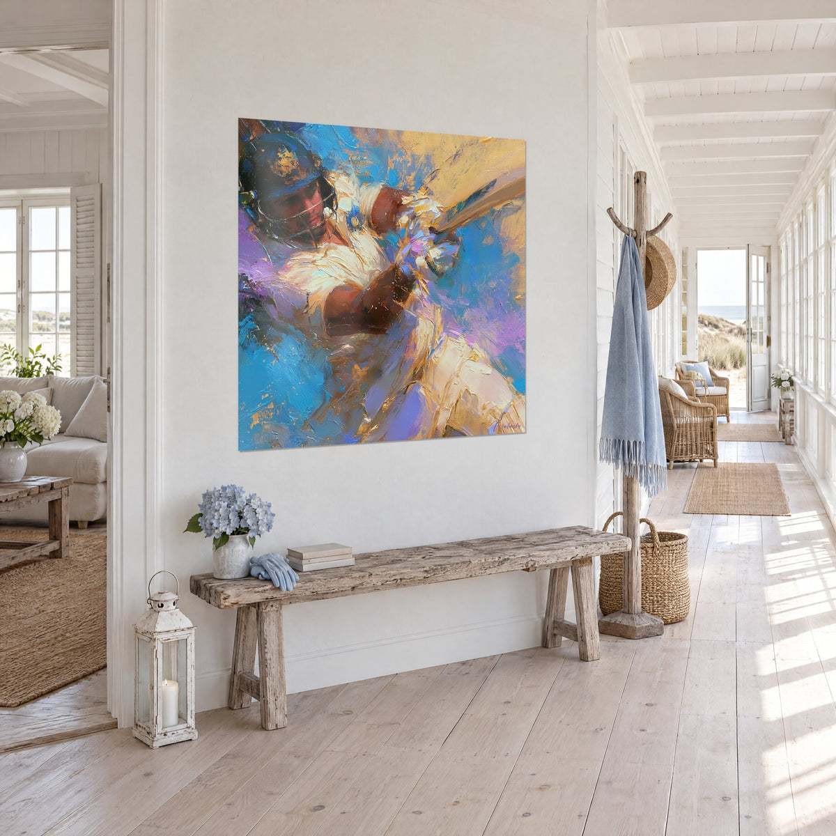 Wall art of a cricket player behind his metal grille, creamy white kit, turquoise background, in a seaside hallway