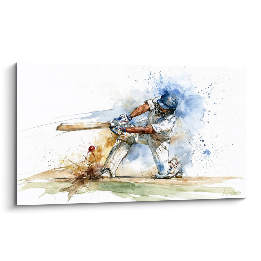 Tableau Batteur blanc et bleu au sol ocre - Balle rouge rebondissante - Edition Cricket