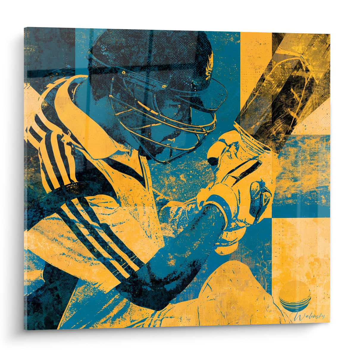 Batteur de cricket casqué en bleu marine et jaune ocre, composition graphique sérigraphiée