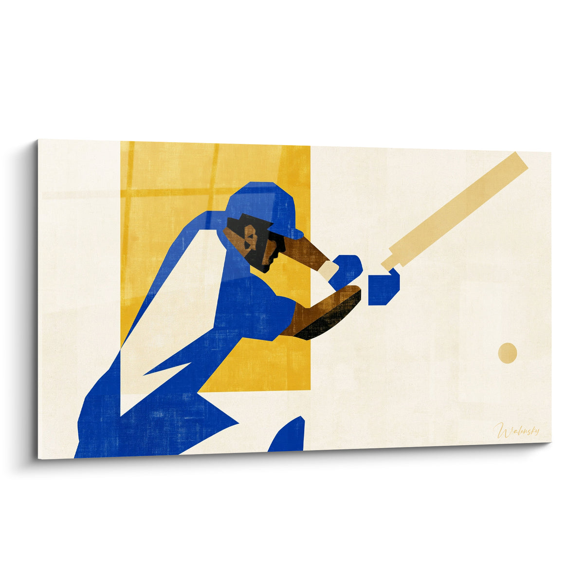 Batteur de cricket stylisé en bleu profond et jaune moutarde, casque et batte en action