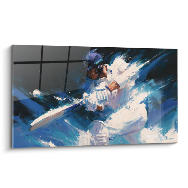Tableau Batteur bleu et blanc genou fléchi - Fenêtre à croisillons noirs - Edition Cricket