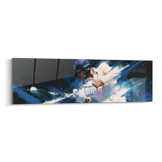 Tableau Batteur casqué bleu nuit et blanc à la balle isolée - Reflet gris strié - Edition Cricket