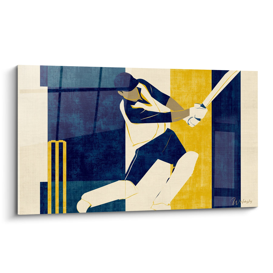 Tableau Batteur bleu marine et jaune moutarde - Tension avant l'impact - Edition Cricket