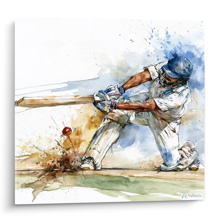 Tableau Batteur casqué bleu marine et blanc à la balle rouge - Éclaboussure de terre battue - Edition Cricket