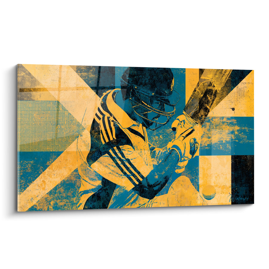Tableau Batteur casqué bleu et jaune ocre géométrique - Trame quadrillée en losange - Edition Cricket