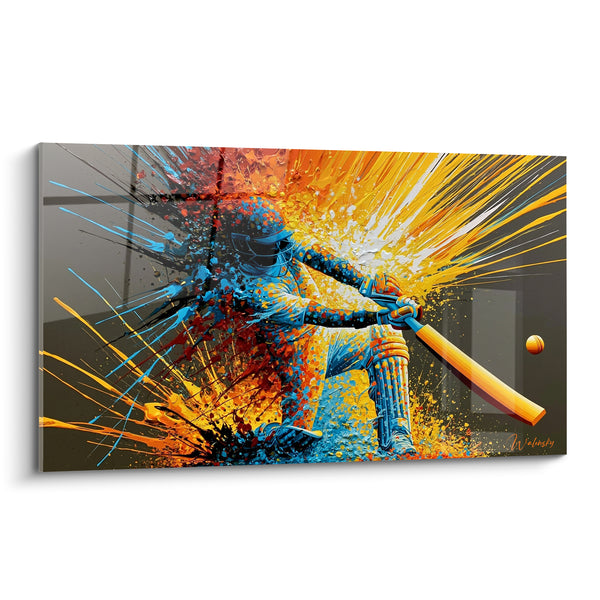 Tableau Batteur bleu et orange en éclaboussures - Impact explosif - Edition Cricket