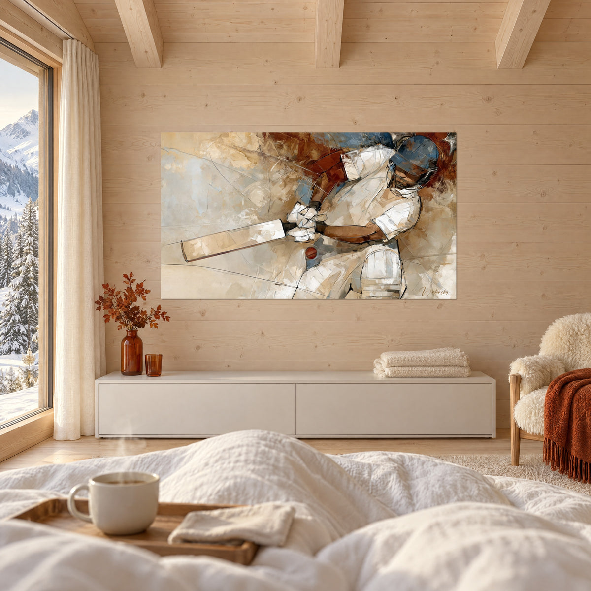 Wall art of a cricket batter in ivory kit, blue helmet and cracked ochre background, above a bed in a bright bedroom