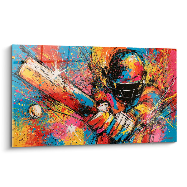 Tableau Batteur casqué aux éclats bleus et orange - Éclat du swing - Edition Cricket