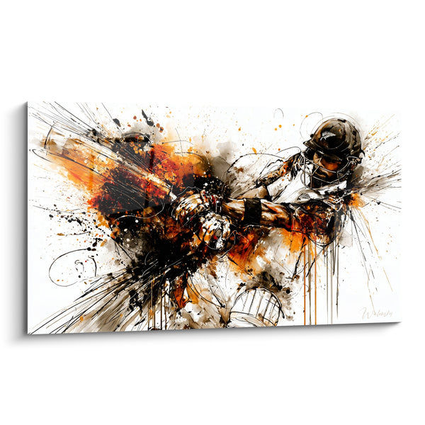 Tableau Batteur casqué noir et orange aux traits dynamiques - Éclaboussures noires dispersées - Edition Cricket